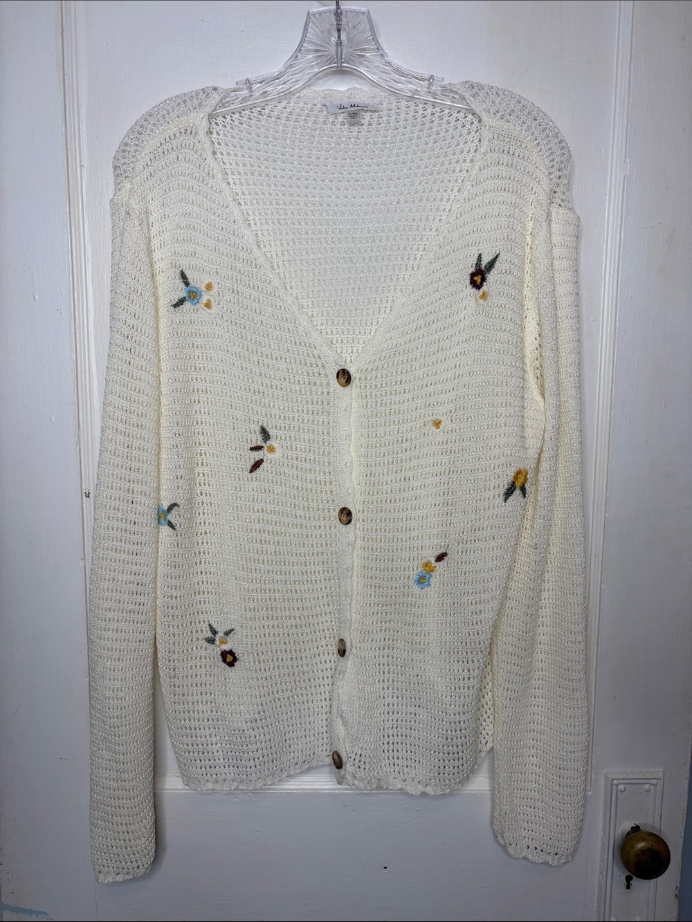 Vila Milano Ivory Floral-Embroidered Open Knit Cardigan Dainty Coquette L